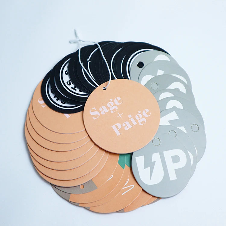 Low Moq Custom Luxury Own logo Round Orange Paper Swing Tags Fashion Garment Label