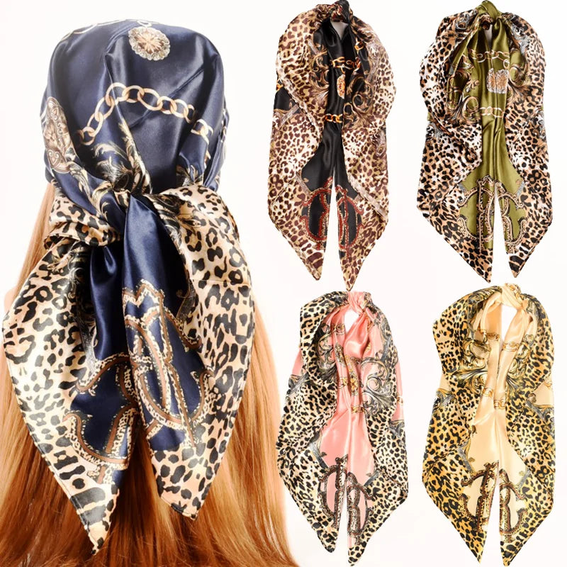 2026 New Women's European and American Style Leopard Pattern Chain Colored Satin  Square Scarves Wholesale Scarfs