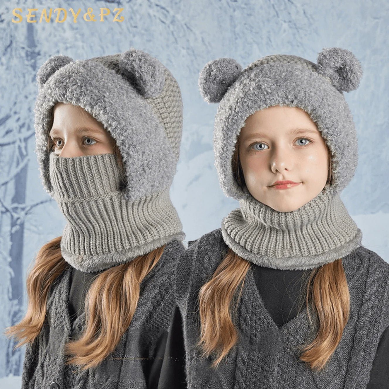 Winter Cartoon Cute Bear Ear Warm Knitted Caps Mask Scarf Balaclava Children Kids Thickened Plush Hat Neck Scarves