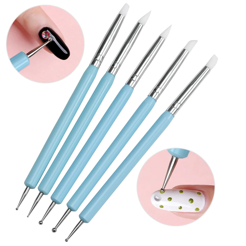 5Pcs/Set Double-ended Silicone Head Carving Dotting Pen Set Plastic Sculpting Polymer DIY Gel Manicure Dotting Tools