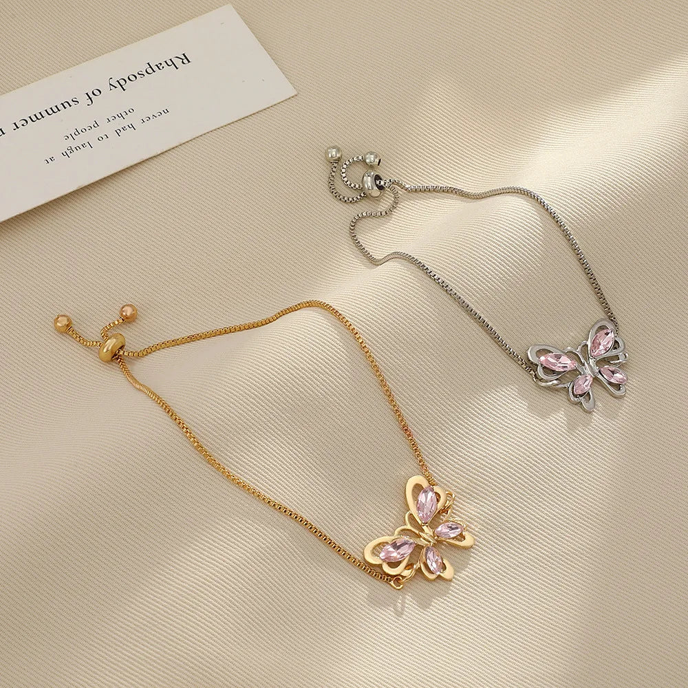 Butterfly High-end Fashion Pink Crystal Hollow-out Wrist Delicate Bracelet