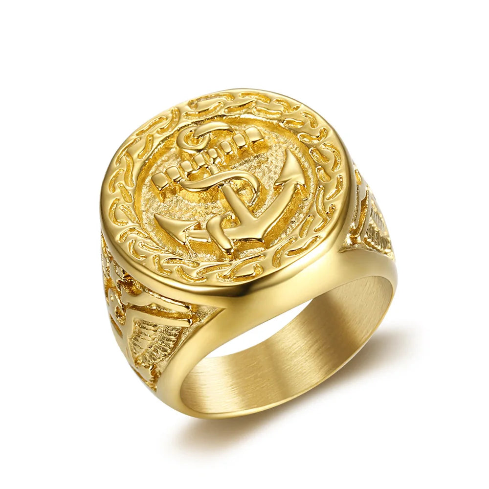 Classic Vintage Gold-Plated Eagle Anchor Men's Ring Stainless Steel Titanium with 18K Plating Eye Shape for Parties Gifts