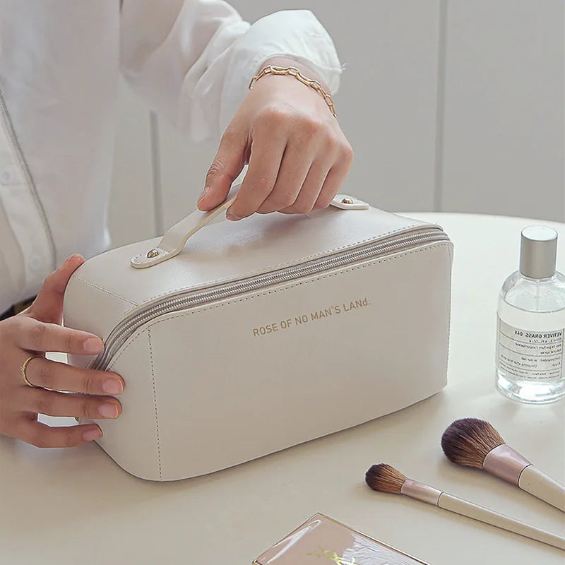 Women's Large Capacity PU Leather Makeup Pouch Waterproof Travel Cosmetic Toiletry Bag with Zipper Closure Handle and Divider