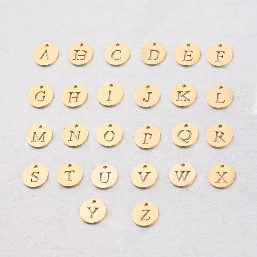 12mm Single Hole Hollow English Letter 18K Gold Plated Stainless Steel DIY Small Pendant Jewelry Charm Trendy Unisex Children