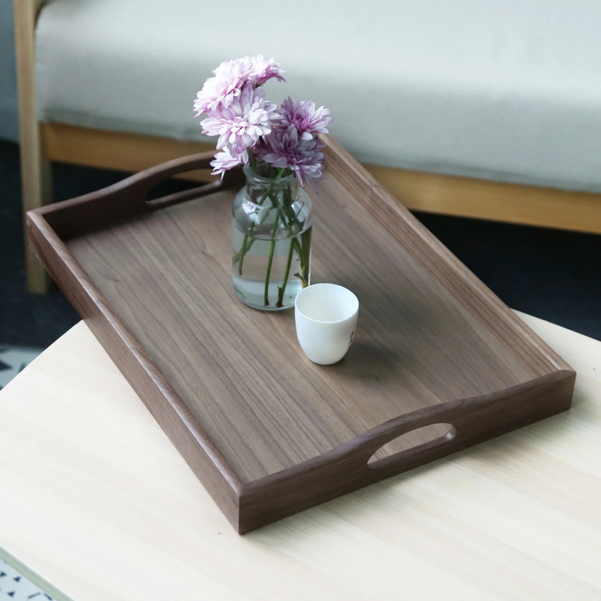 Luxury Rustic Rectangle Food Coffee Serving Walnut Wooden Tray with Handle