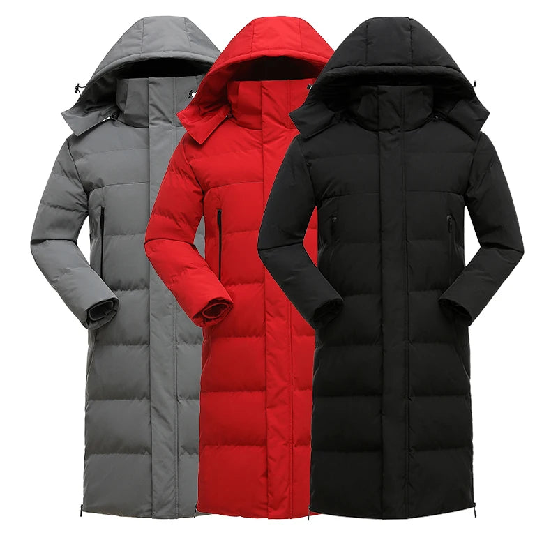 Custom Logo Warm Winter Coat Below Knee Sports Team Uniform Hood Down Parka Unisex Big Size Puffer Coat
