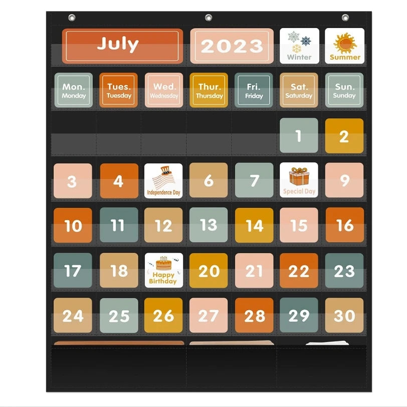 Modern Black 420D Durable Polyester Monthly Calendar Pocket Chart 92-Card Weather Chart for Kids Learning Classroom Office Us