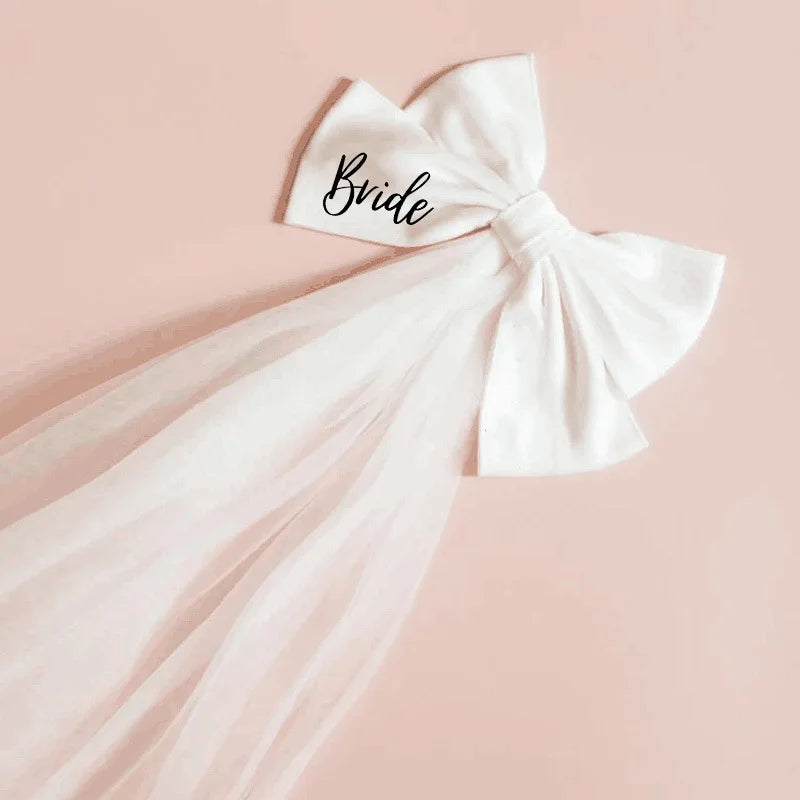 White Satin Bow Bride Mesh Veil Hair Clip Bride to Be Hair Clip Bachelorette Party Decoration Wedding Hair Accessories