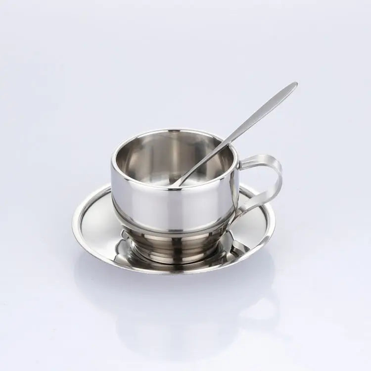 Modern 304 Stainless Steel Cappuccino Espresso Coffee Cup and Saucer Set Reusable Water Quality Tea Cup for Home Use