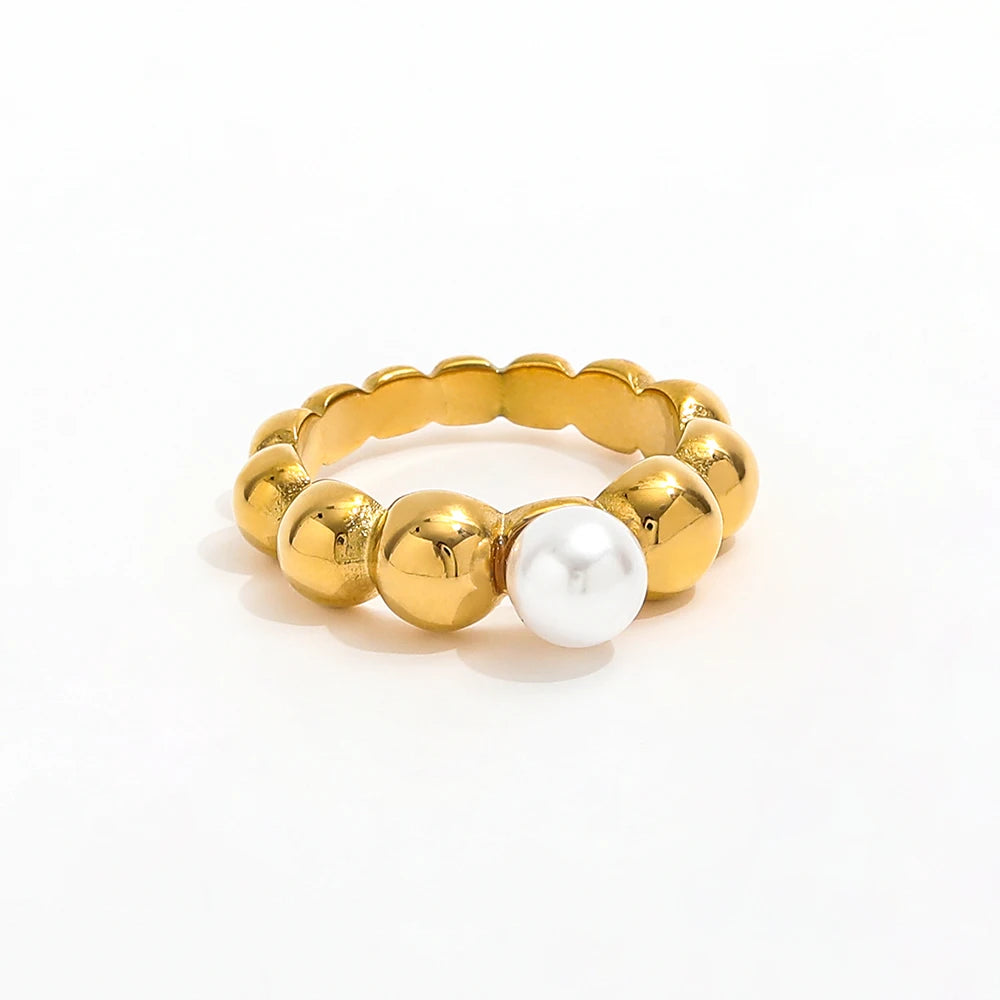 Fenny 18K Gold Plated High End Luxury Waterproof Fashion One Pearl Gold Bead Rounding Stainless Steel Ring Wholesale Jewelry