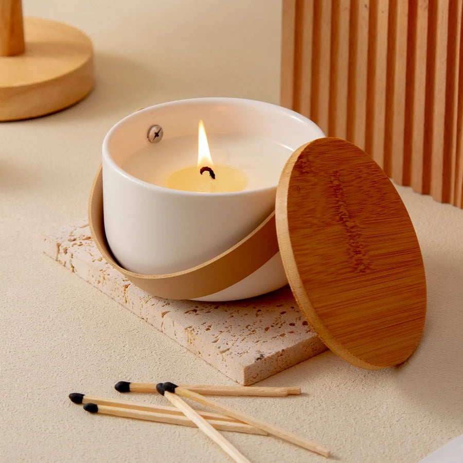 RTS Easter Simple Luxury Small Porcelain Candle Container Home Decor Handmade Ceramic Carrying Belt  with Lid