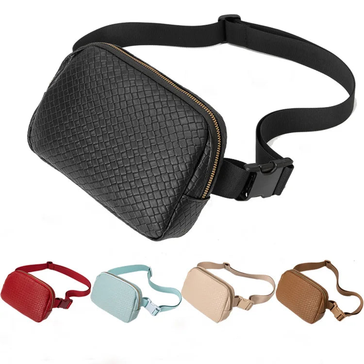 Trendy New Vegan Leather Crossbody Waist Pack Sling Style with Logo Belt and Box Pattern Waist Bags for Travel