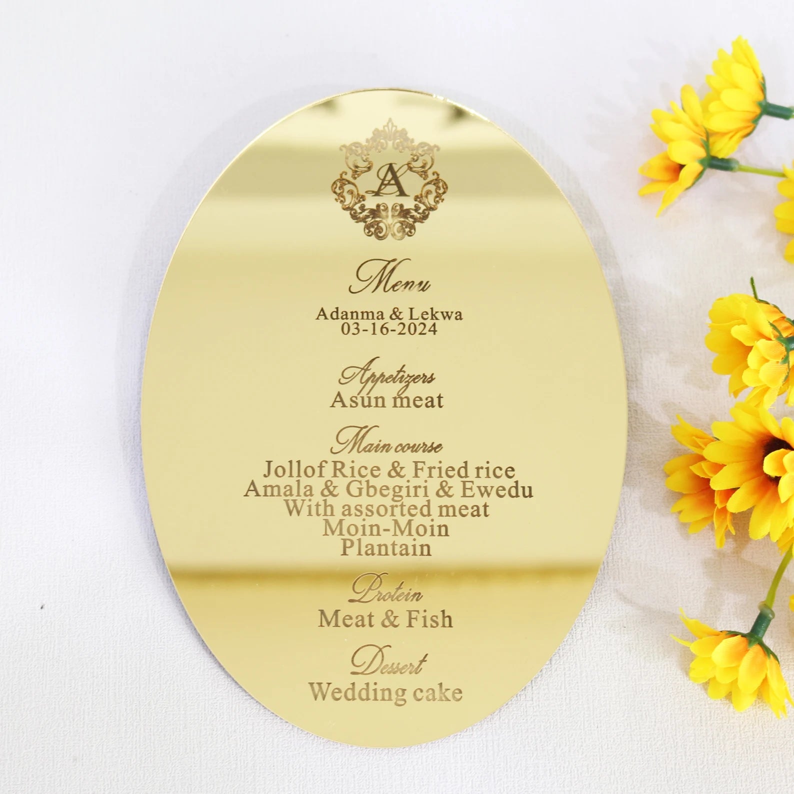 Oval Gold Mirror Acrylic Menu Cards With Engraved Text Luxury DIY Wedding Dinner Laser Cut Acrylic Menus