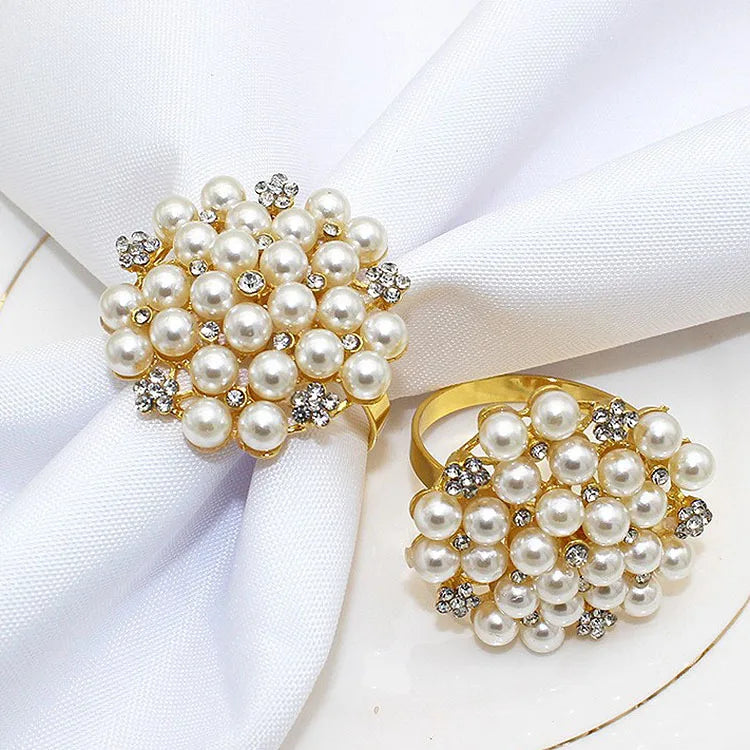 Ychon Latest Gold Pearl Napkin Ring Holder Wedding Napkin Buckle for Holiday Party Dining Metal Alloy Table Tableware