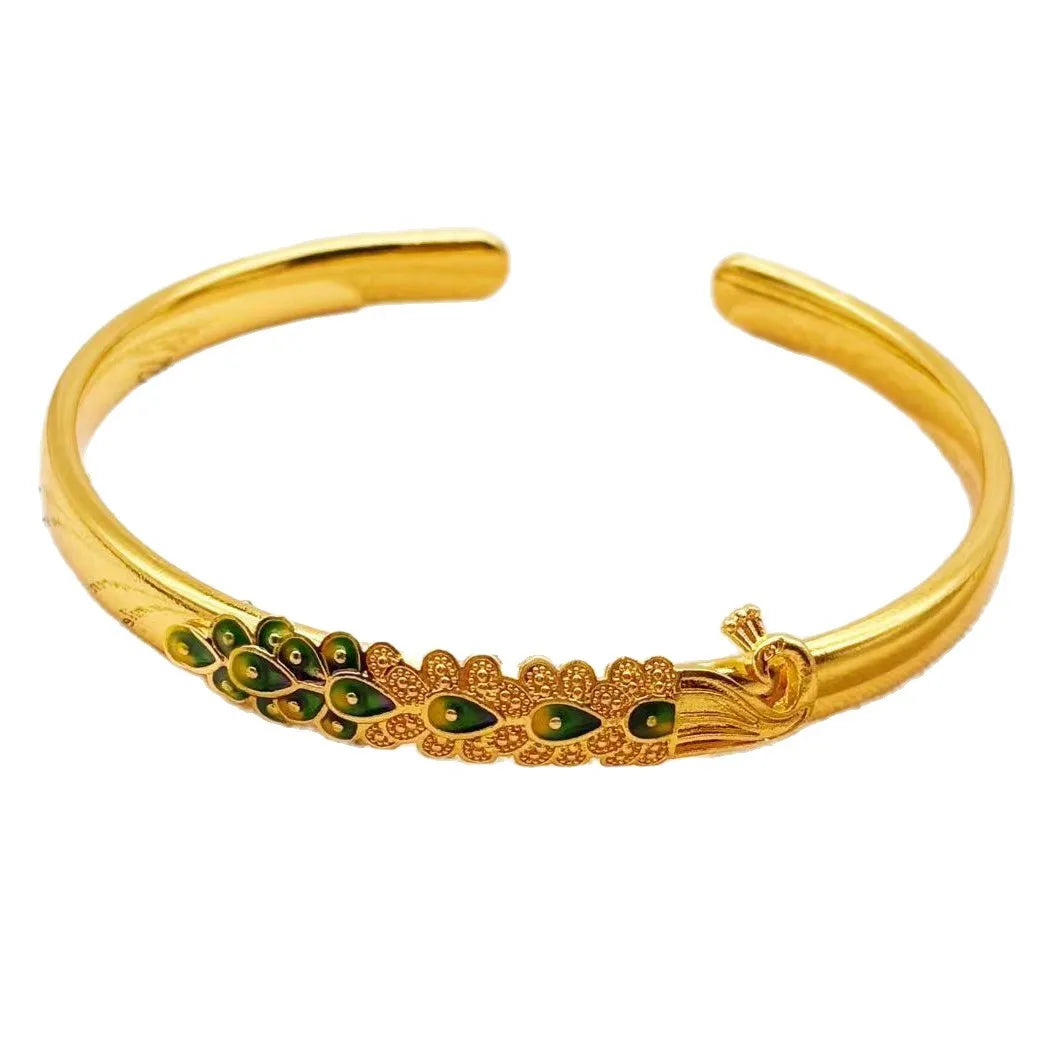 Female Heritage Auspicious Sending Blessing Enamel Imitation Gold Carved Hollow Women's Bracelet Gold Bangle Wholesale