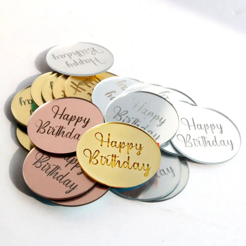 5cm New Gold Happy Birthday Cupcake Disc Topper Acrylic Rose Gold Circle Cake Topper for Birthday Party Dessert Cake Decorati