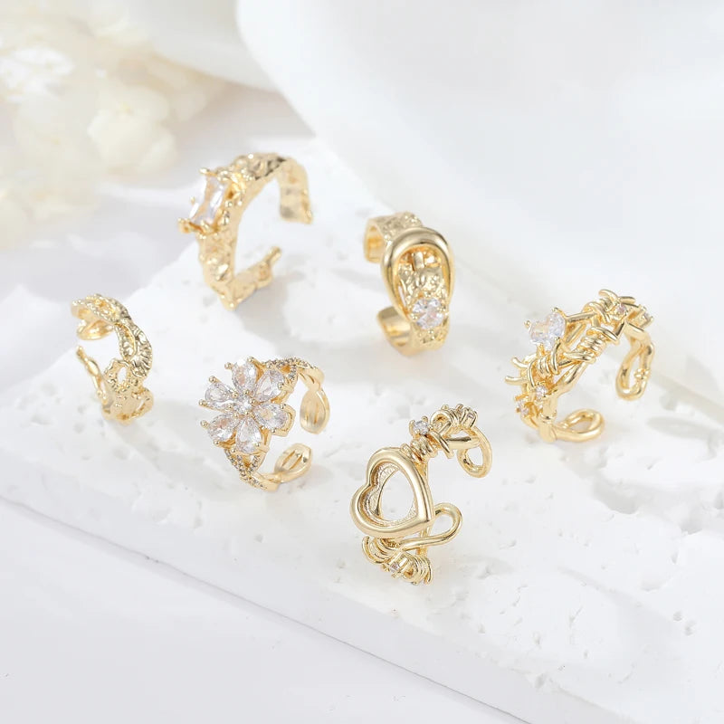 Hot Sale Fashion Zircon 14K Gold Adjustable Size Open Ring for Women Floral Heart Shaped Design Stackable Jewelry Rings
