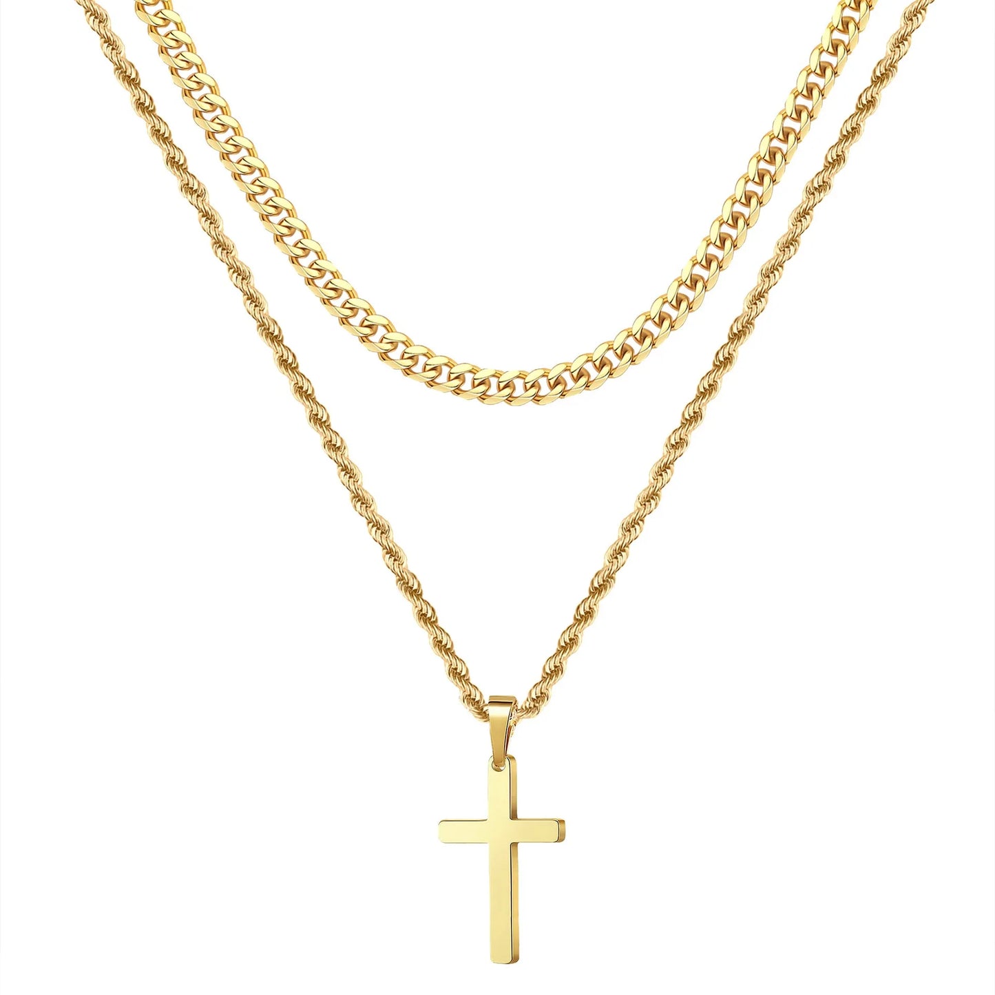 Trendy Gold Plated Stainless Steel Layered Figaro Twist Rope Chain Christian Cross Pendant Choke Necklace for Unisex Party