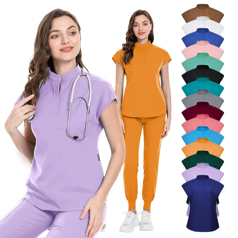 2024 Summer New Design Elastic Quick Dry  Short-sleeved Work Clothes Hospital Beauty Salon Doctors Nurse Scrubs Uniforms