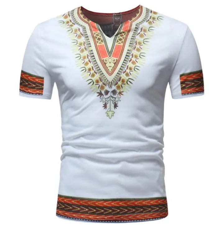 Wholesale Oversize Tee Tops African Ethnic Style Printed Short Sleeved V-neck T-shirts for Men