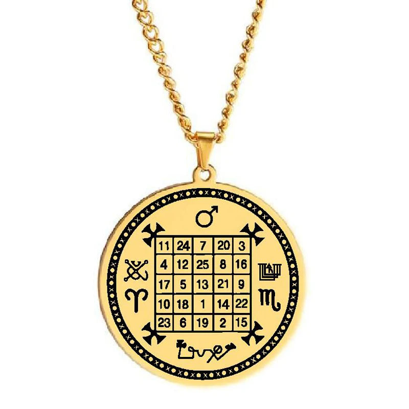 Mars Religious Solomon Jewelry Magic Square Talisman Charm Protection Wealth Amulet Laser Cut Stainless Steel Pendant Necklac