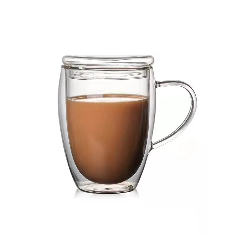 STARLII Custom Logo Double Wall Glass Mug Cup With Handle and Glass Lid