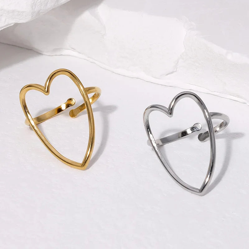 Fashion Jewelry 316L Stainless Steel Pvd Gold Plated Big Heart Hollow-out Adjustable Ring