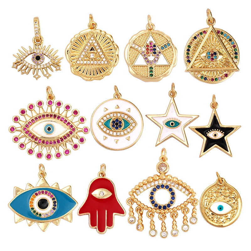 Evil Eye Hamsha Hand Pendant Real Gold Plated Cubic Zirconia CZ Paved ReligoursJewelry Necklace Bracelet Accessories Supply M