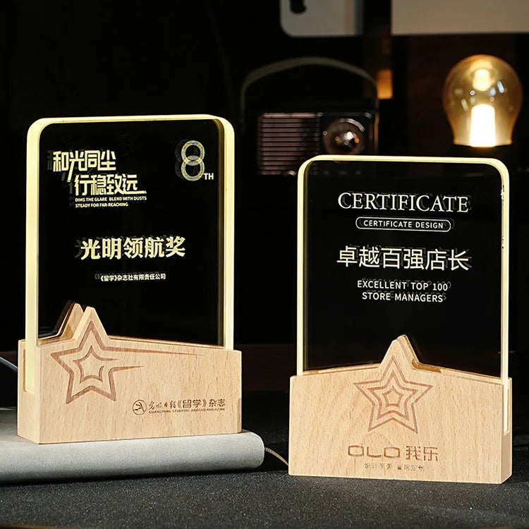 2024 New Design Led Light up Personalized Plaque Crystal Trophy with Wooden Base MH-NJ0365
