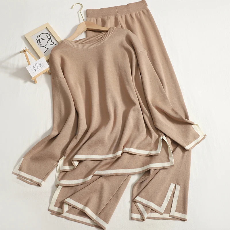 Wholesale 2026 Autumn Fashion New Temperament Contrast Split Long Sleeve Knitwear High Waist Slim Wide Leg Pants Women's Set
