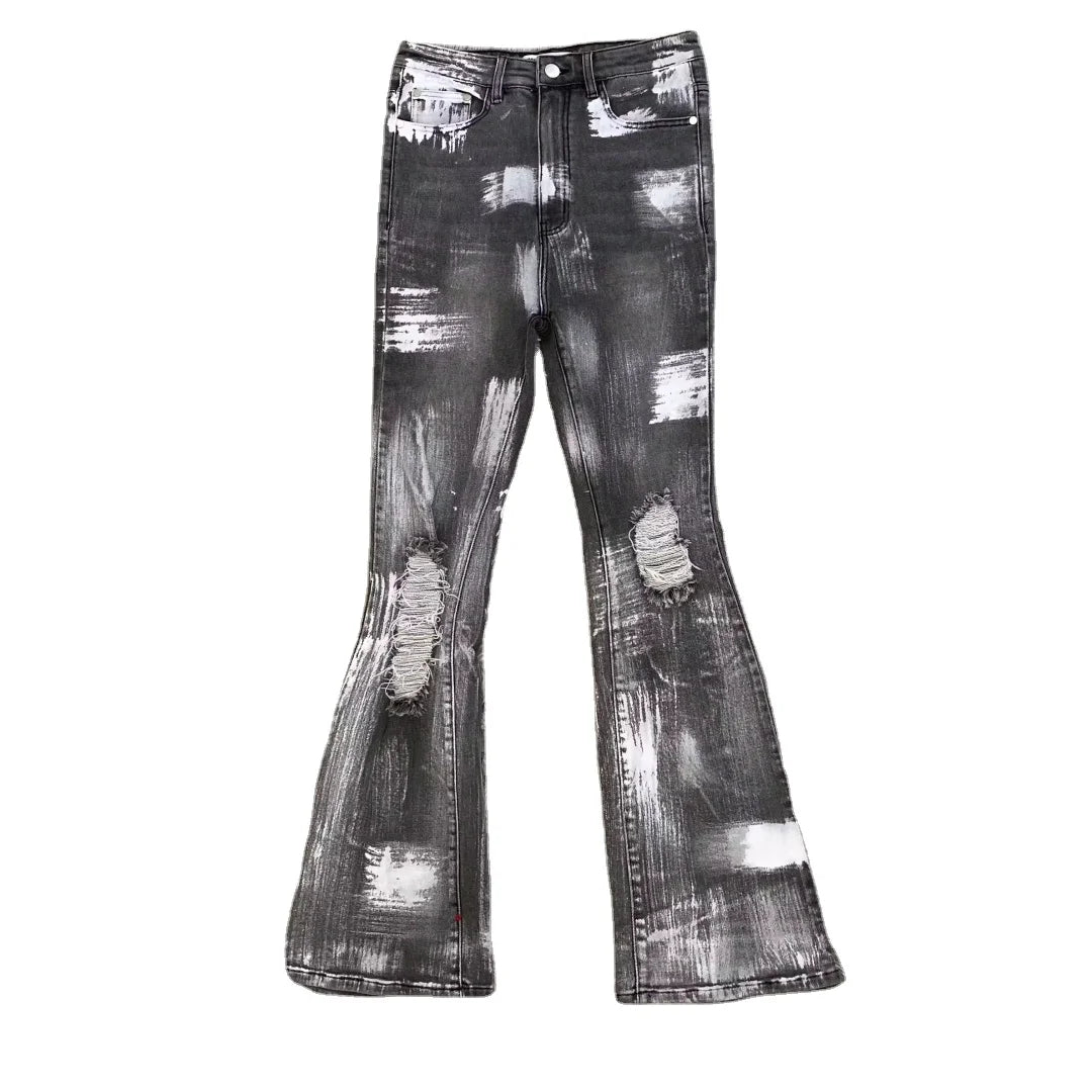 DENIMGUYS Custom Splash Spray Ink Paint Graffiti Men Distressed Denim Bootcut Pants Men's American Street Ripped Flare Jeans