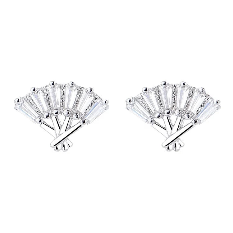 Real Silver 925 Earrings with Baguetle Stone for Women Chinese Fan Design Stud Earrings