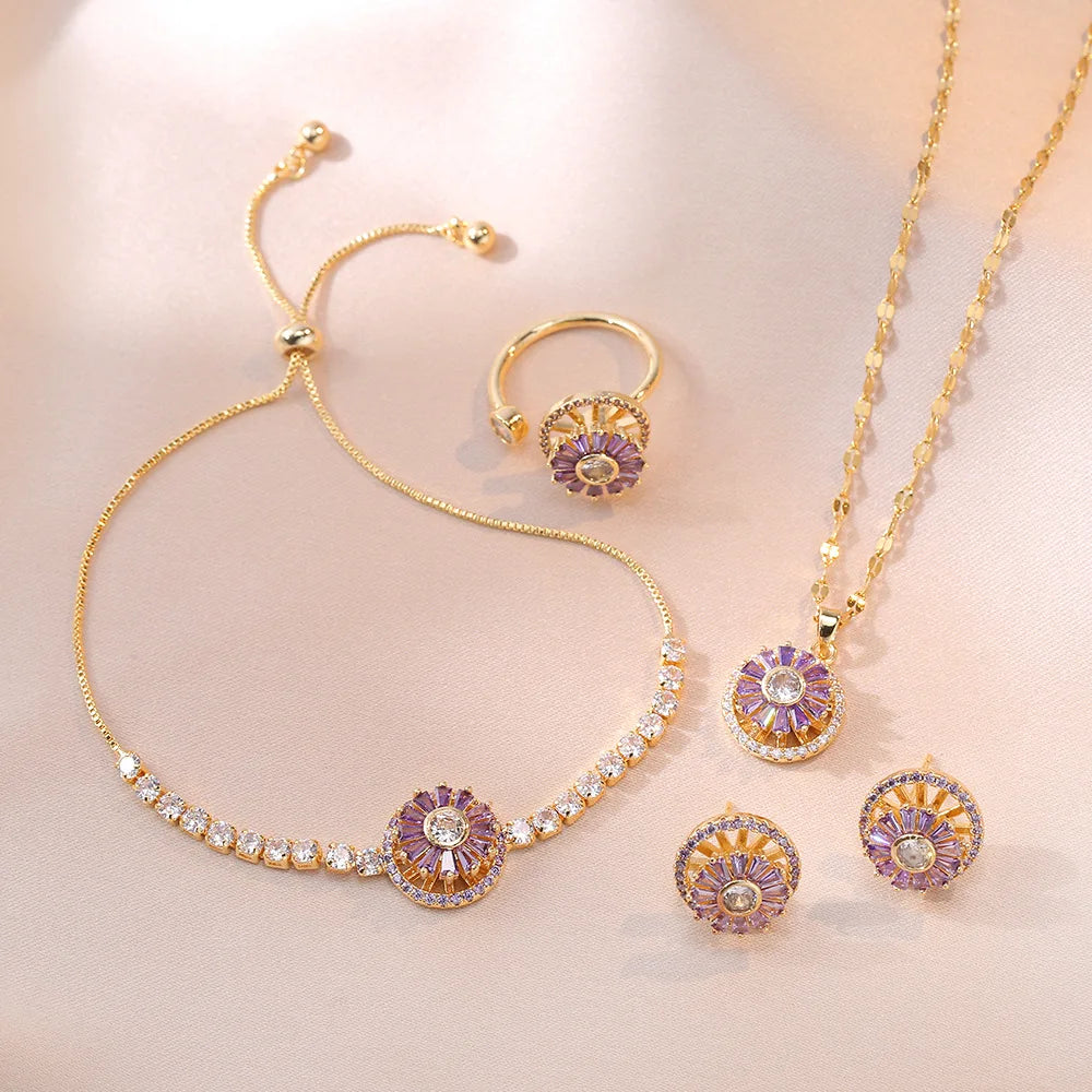 Fashion Jewelry 4 Styles Can Rotate Pendant Earrings Ring Bracelet Micro-inset Zircon Titanium Steel Necklace
