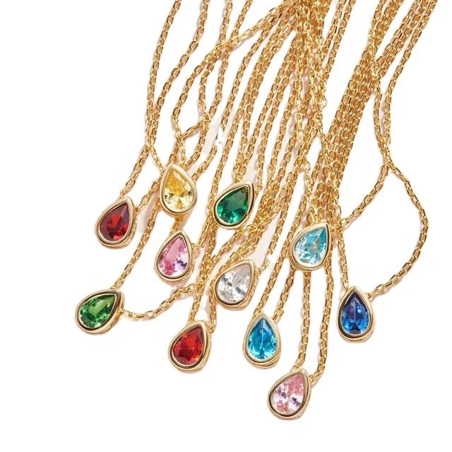 Hand Customized 925 Sterling Silver Cubic Zircon Water Drop Pendant 18K Gold Plated Birthday Stone Charm Women's Jewelry Gift
