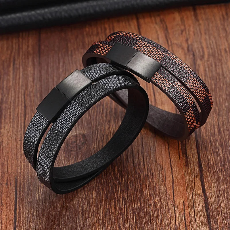 New Adjustable Genuine Leather Bracelet Stainless Steel Magnetic Clasp Braided Leather Cord Bracelet Men's Vintage Bracelet