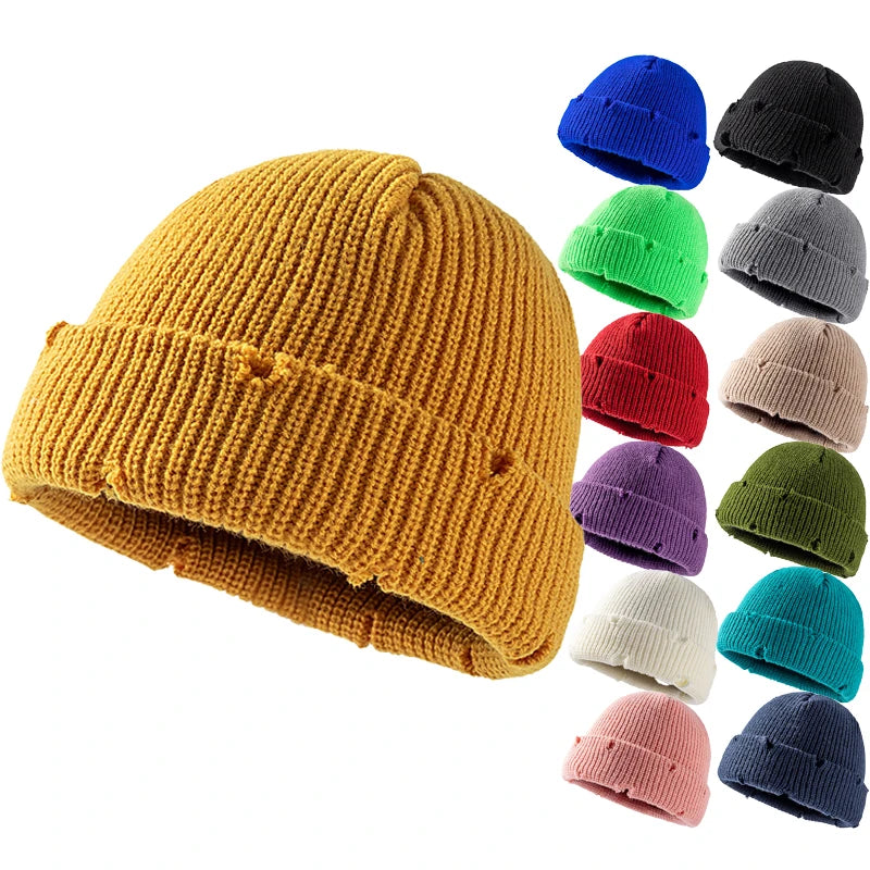 Wholesale Bulk Hip Hop Distressed Winter Custom Logo Acrylic Cuffed Knitted Skull Beanie Hat Cap