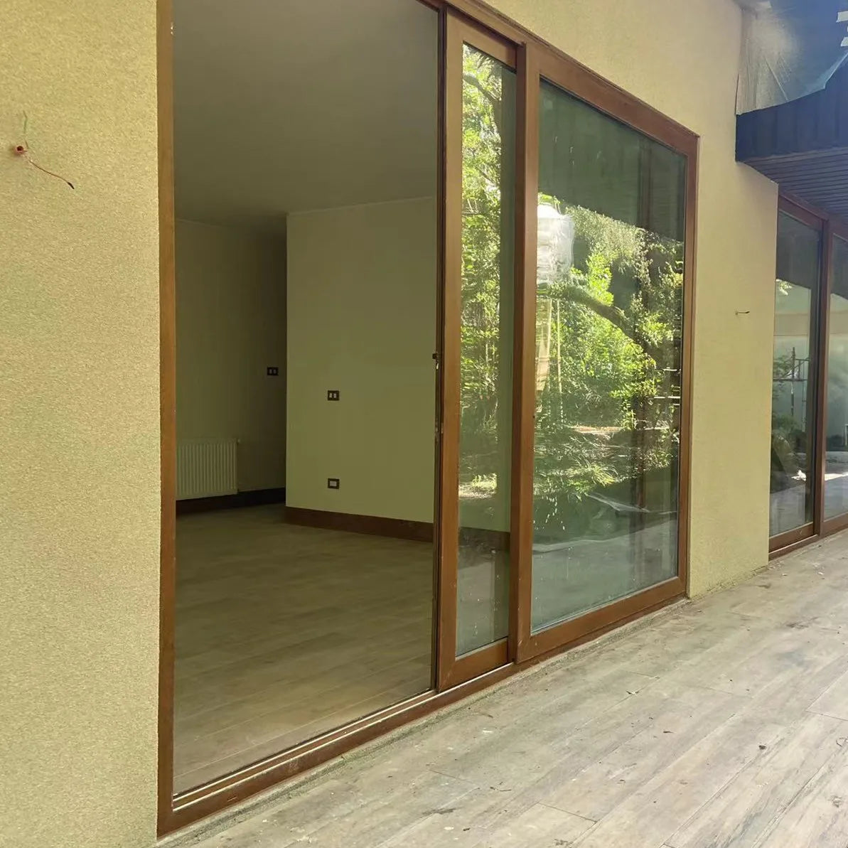 Wood Grain Color Plastic Double Glazed UPVC PVC  Lowes Sliding Glass Door for Patio