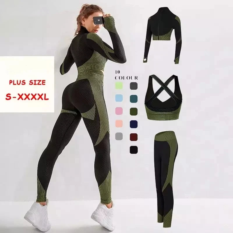 3 Pcs Ropa Deportiva Ladies Workout Clothing Gym Sports Seamless Fitness Yoga Active Wear Plus Size Women Yoga Set With Jacke