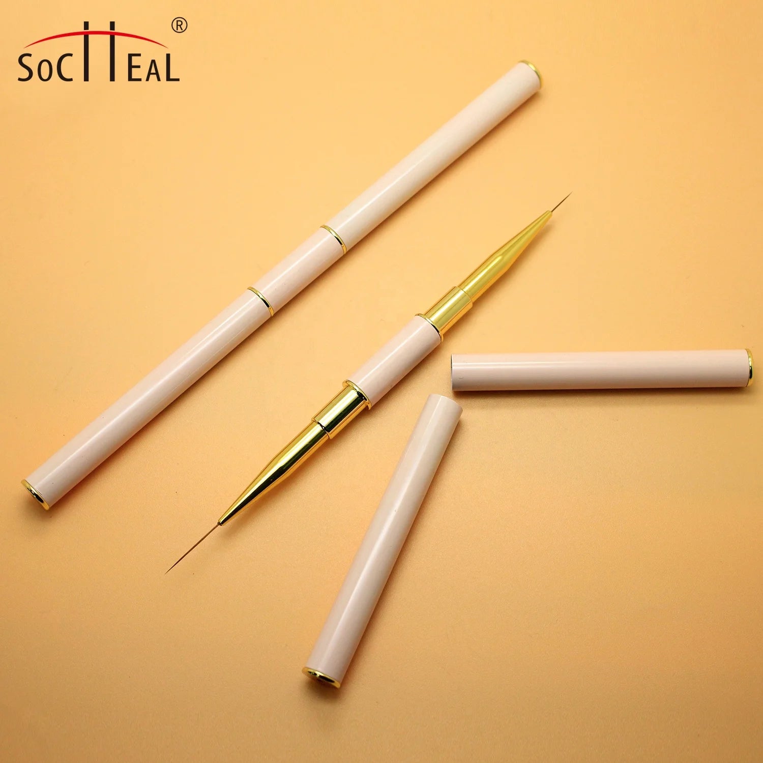 Luxury Pink Metal Handle Double-Headed Nail Art Liner Brush with Crimped Ferrule Custom Logo Extremely Thin Nail Brush Tool K