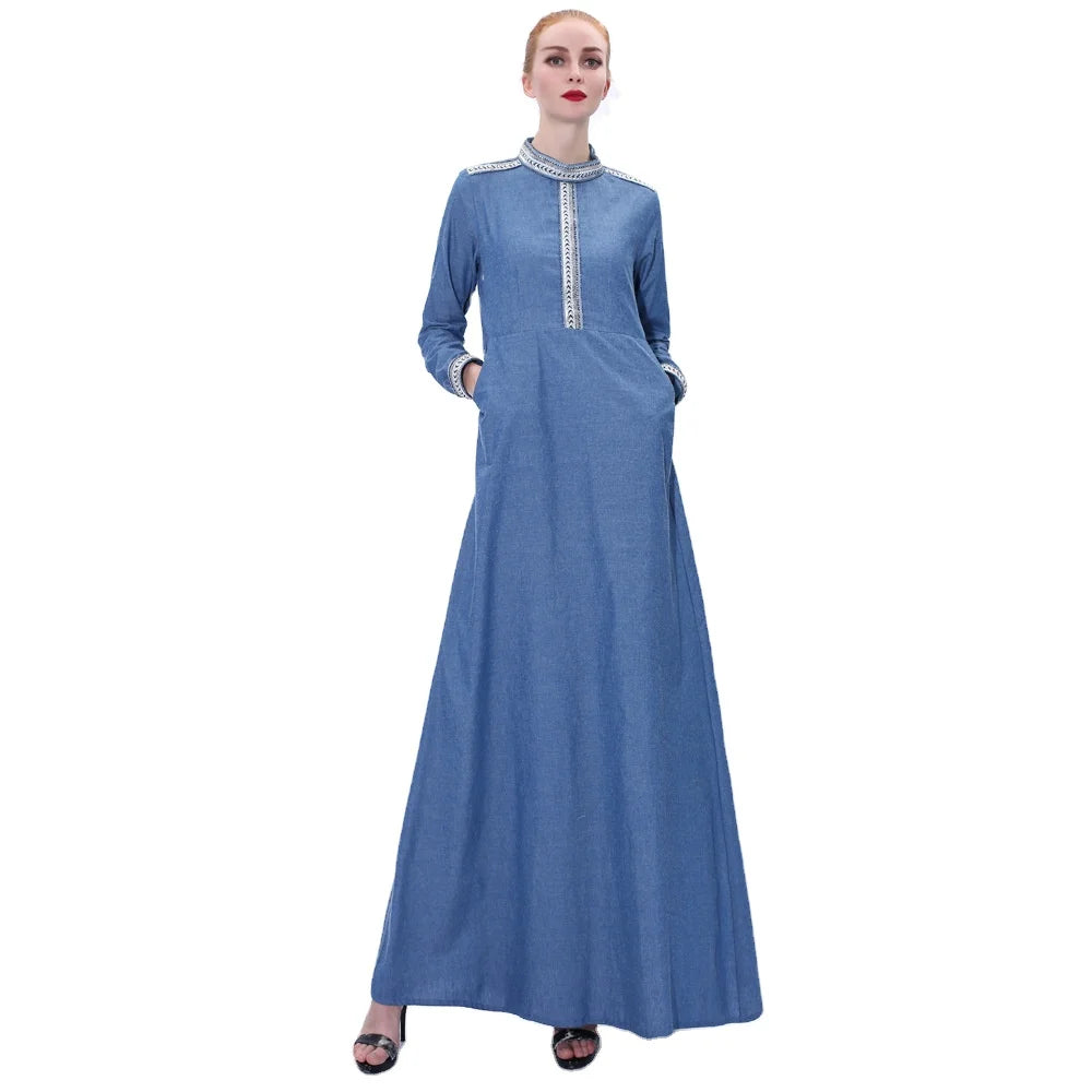 Plain Blue Color Stand Collar Side Pocket Office Skirt Floor Length Lace Cuff Jeans Muslim Women Dress