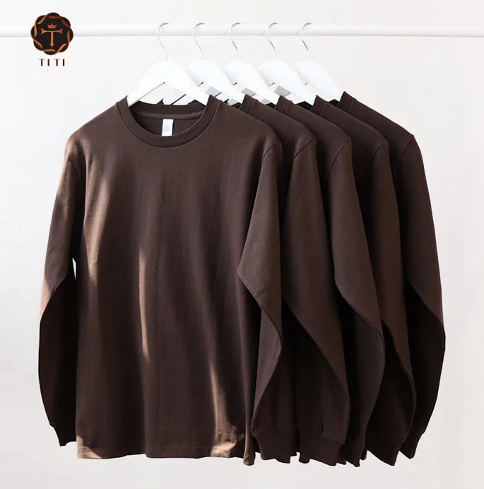 Crew Neck Heavy Cotton Knitted Tshirts Oversized Long Sleeve Drop Shoulder Pullover Plain Screen Print for Men and Women