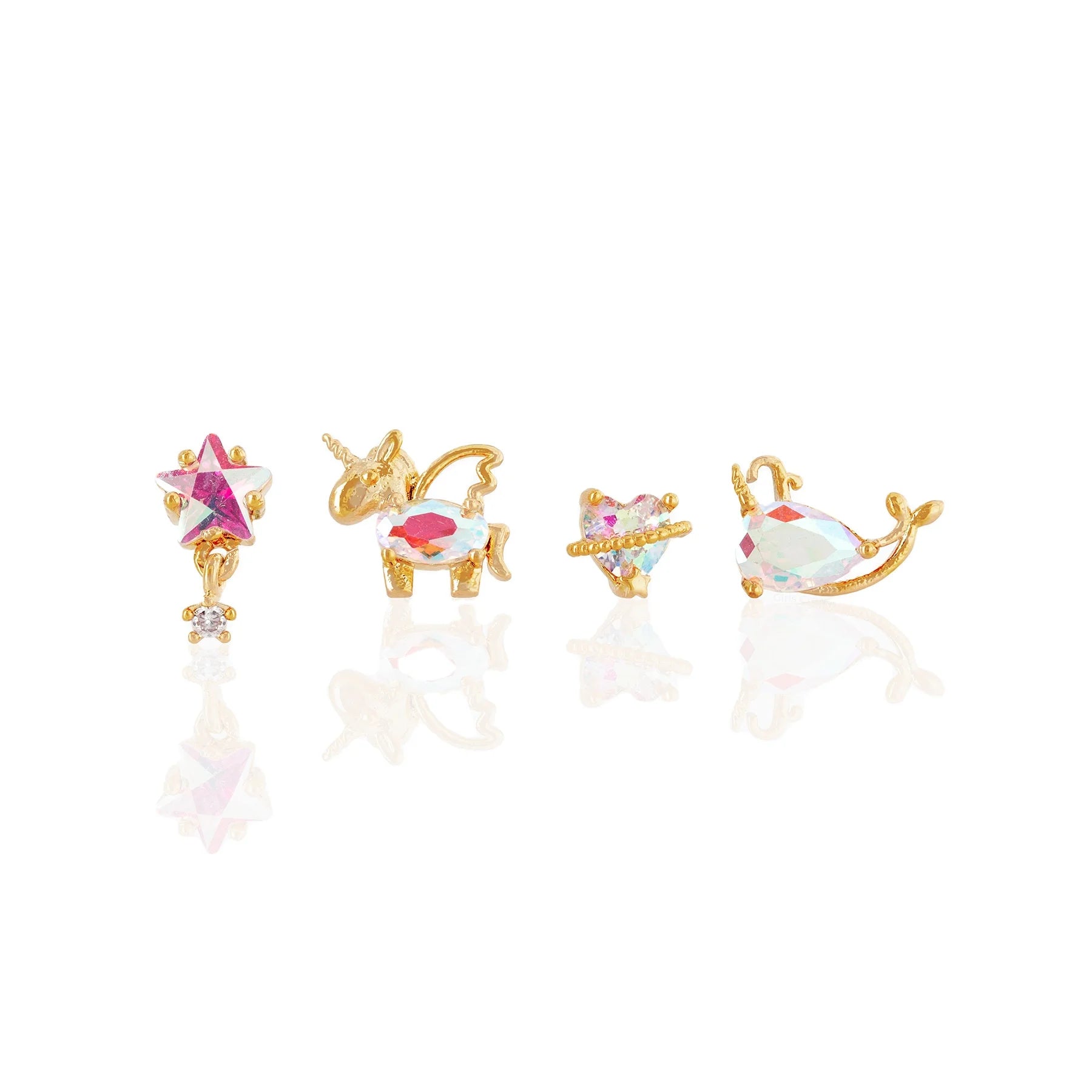 Women Stylish Jewelry Cartoon Zircon Earrings 4pcs Sets Unicorn Love Heart Whale Shaped Brass 18k Gold Ear Studs for Sweet Gi