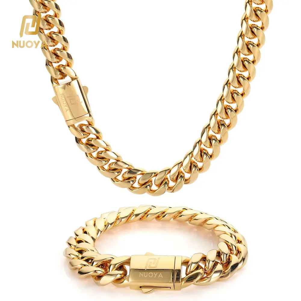 NUOYA Custom Logo Stainless Steel Cuban Link Hip Hop Jewelry Gold Silver Miami Cuban Link Chain for Men
