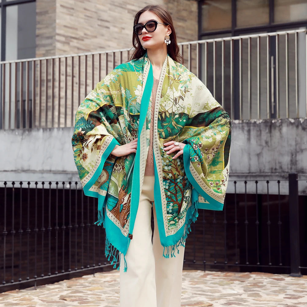 Luxury Green Merino Wool Fleece Oversized Floral Scarf Shawl for Women Winter Digital Print