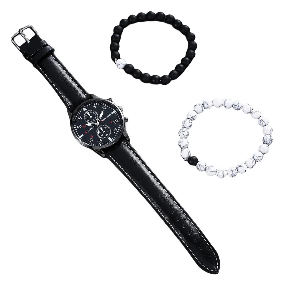 Hot Sale 3 Pcs Set Men's Fashion Watch Leather Quartz Watch With  Bracelet Set