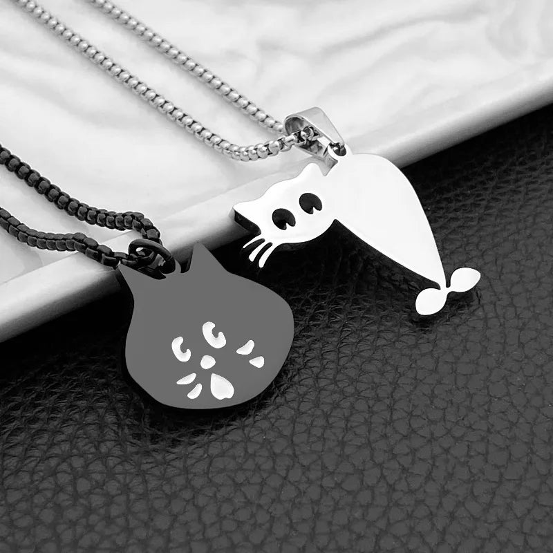 Collar De Pareja De Acero Inoxidable Japanese Stainless Steel Surprised Cat Pendant Couple Necklace for Women Men Friends