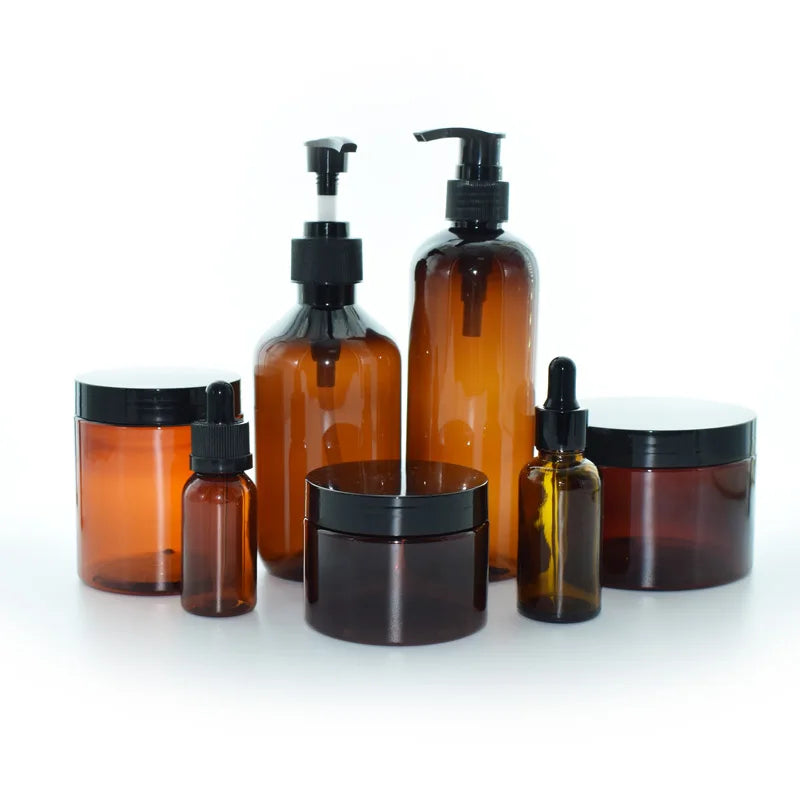 Luxury 250ml 8oz Amber PET Plastic Cosmetic Packaging Shampoo Bottle Set Hair Oil Dropper Spray Lotion Container Cream Jar Sk