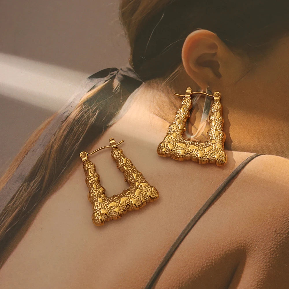 New Design Vintage Non Tarnish Earring Women Stainless Steel 18K PVD Gold Plated Geometric Textured Square Hoop Earrings