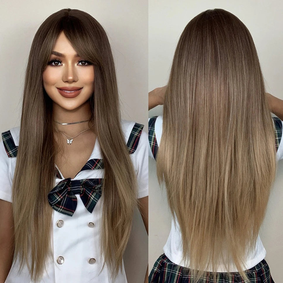 Factory Outlet MOQ1Long Chocolate Brown Straight Synthetic Wig for Women Ombre Brown Heat Resistant Wigs With Bangs Daily Hai