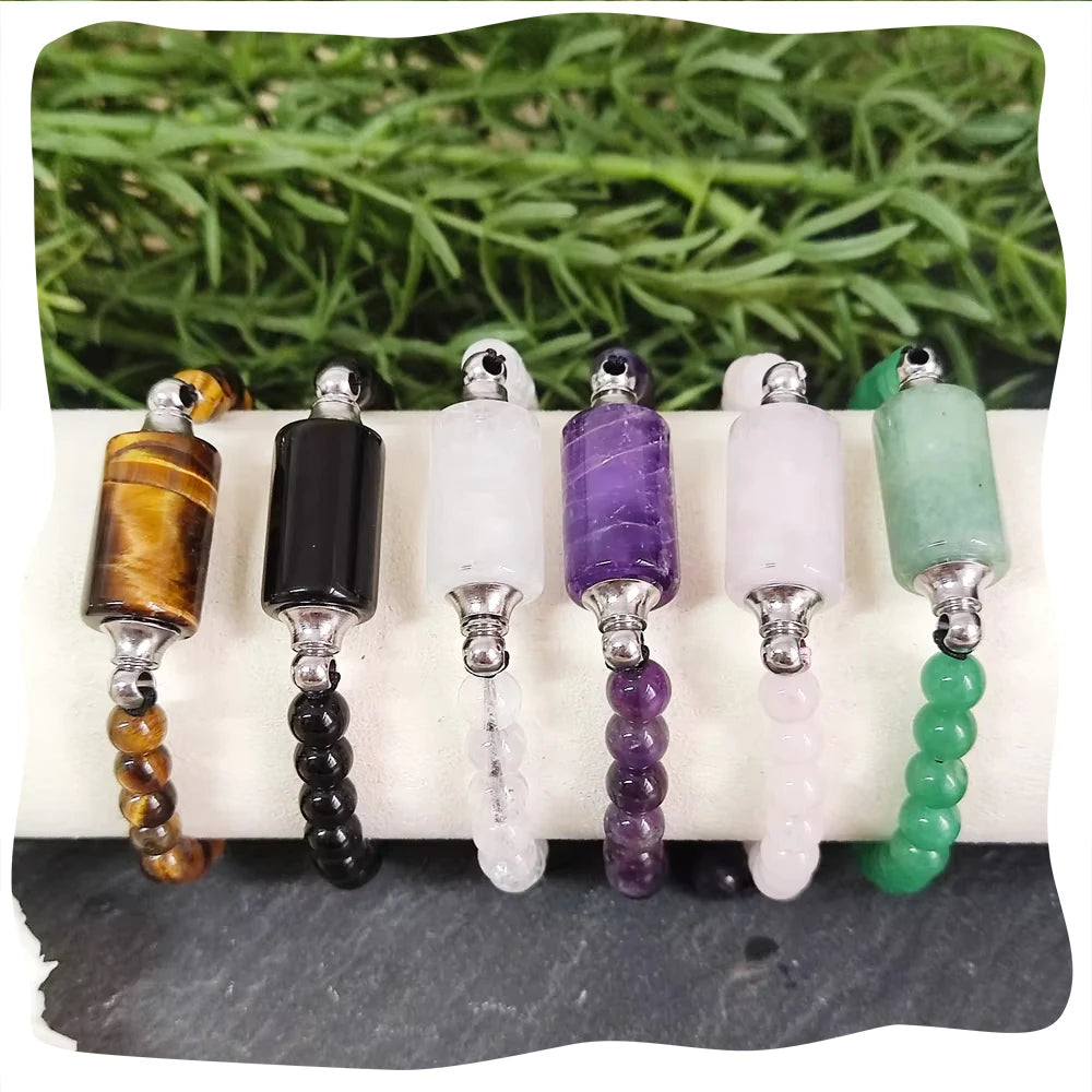 Wholesale Unisex Column Charm Natural Stone Bracelet with Healing Rose Quartz Obsidian Crystal Perfume Bottle Jewelry Gift